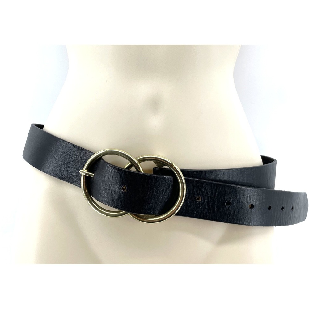 Black Leather Belt Double Ring Boho Artisan 1.5" Wide Statement S/M Brass Buckle